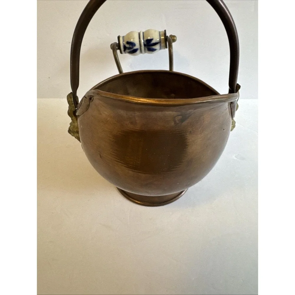 Copper Brass Coal Scuttle/Ash Bucket w/Porcelain Cherub Face 8